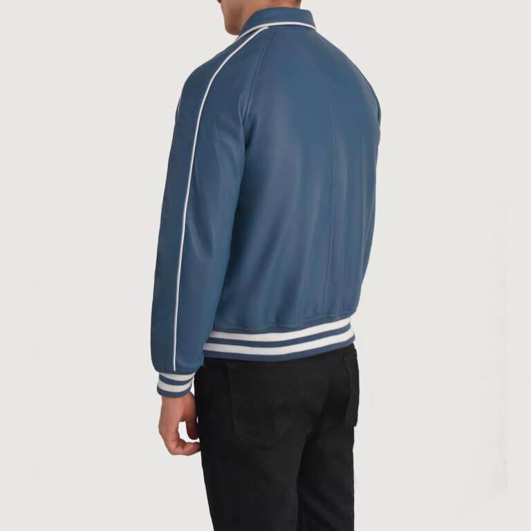 Mens Cooper Blue Leather Varsity Jacket Tilted Back-8-1704123147617